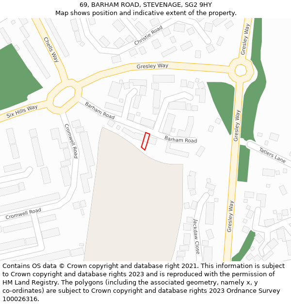 69, BARHAM ROAD, STEVENAGE, SG2 9HY: Location map and indicative extent of plot