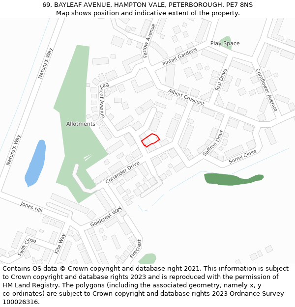 69, BAYLEAF AVENUE, HAMPTON VALE, PETERBOROUGH, PE7 8NS: Location map and indicative extent of plot