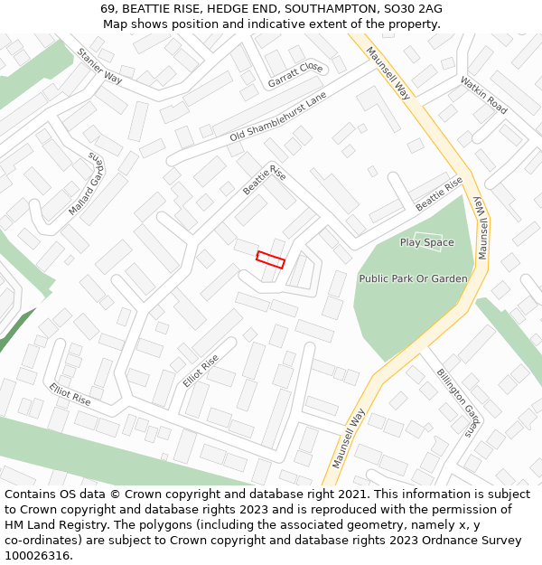 69, BEATTIE RISE, HEDGE END, SOUTHAMPTON, SO30 2AG: Location map and indicative extent of plot