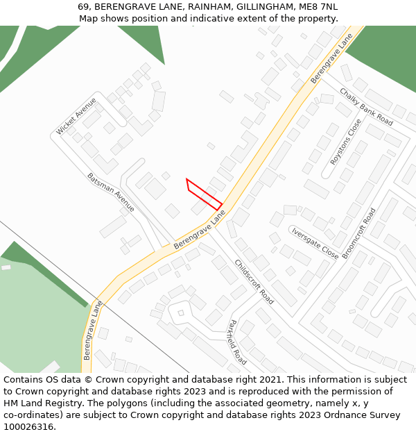 69, BERENGRAVE LANE, RAINHAM, GILLINGHAM, ME8 7NL: Location map and indicative extent of plot