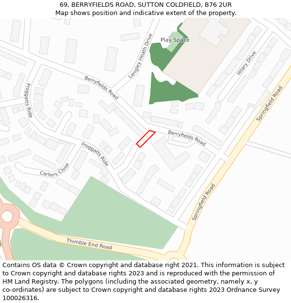 69, BERRYFIELDS ROAD, SUTTON COLDFIELD, B76 2UR: Location map and indicative extent of plot