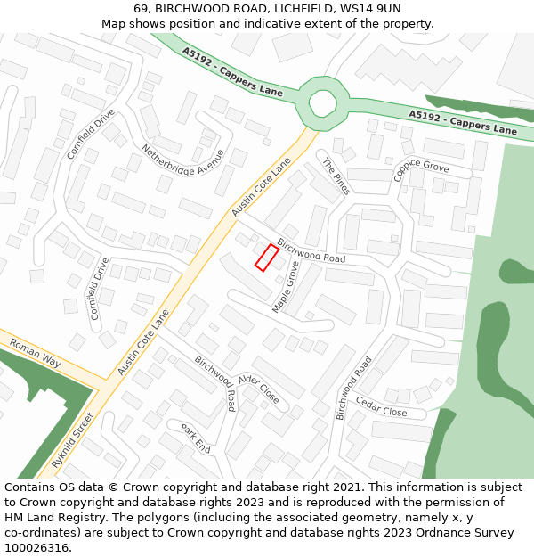 69, BIRCHWOOD ROAD, LICHFIELD, WS14 9UN: Location map and indicative extent of plot