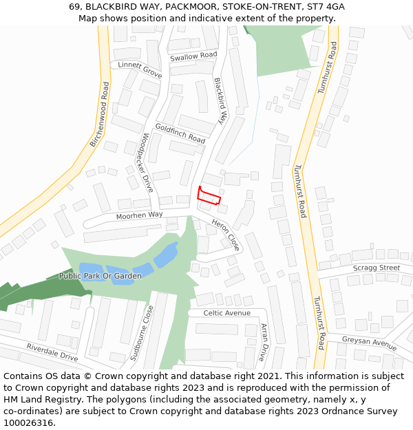 69, BLACKBIRD WAY, PACKMOOR, STOKE-ON-TRENT, ST7 4GA: Location map and indicative extent of plot