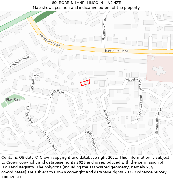 69, BOBBIN LANE, LINCOLN, LN2 4ZB: Location map and indicative extent of plot