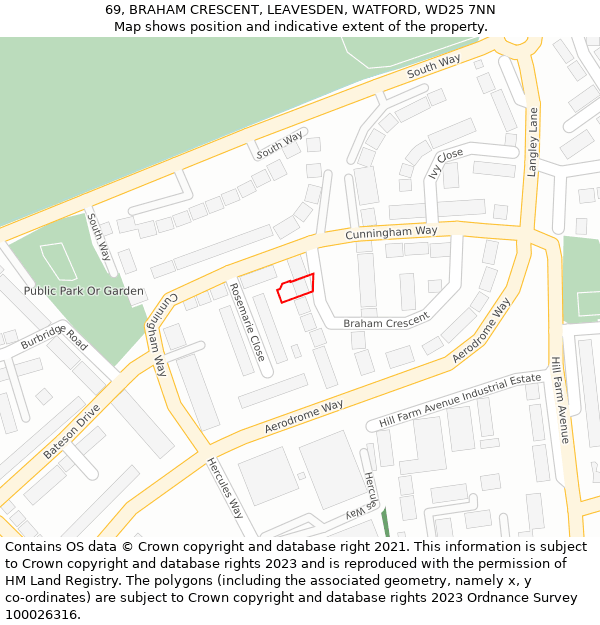 69, BRAHAM CRESCENT, LEAVESDEN, WATFORD, WD25 7NN: Location map and indicative extent of plot