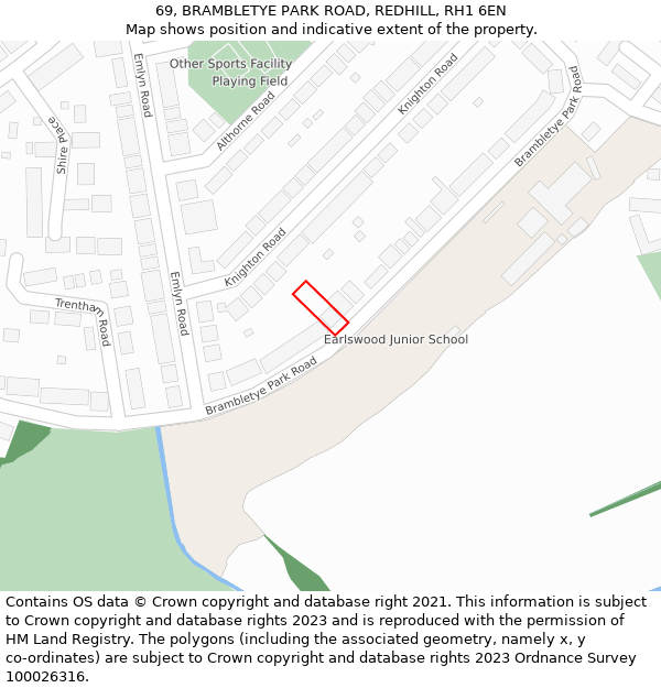 69, BRAMBLETYE PARK ROAD, REDHILL, RH1 6EN: Location map and indicative extent of plot