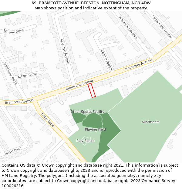 69, BRAMCOTE AVENUE, BEESTON, NOTTINGHAM, NG9 4DW: Location map and indicative extent of plot