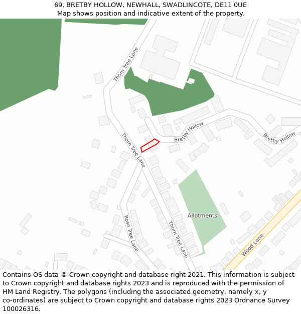 69, BRETBY HOLLOW, NEWHALL, SWADLINCOTE, DE11 0UE: Location map and indicative extent of plot