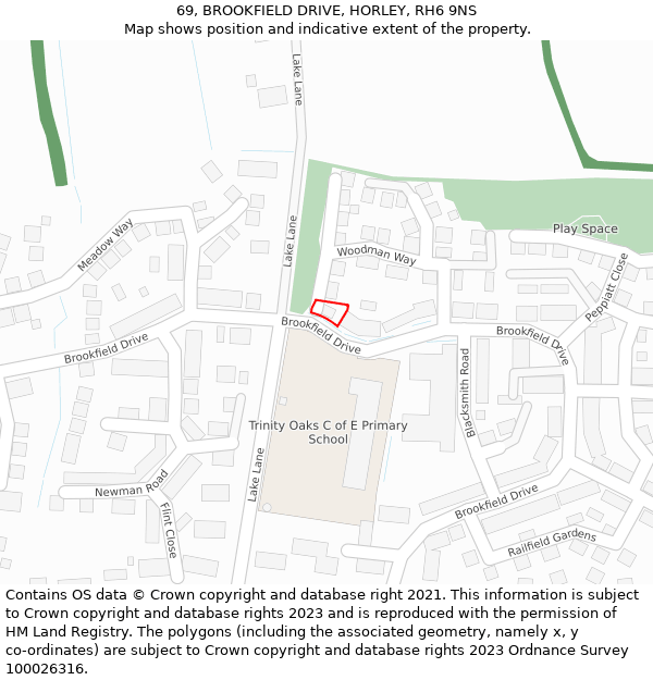 69, BROOKFIELD DRIVE, HORLEY, RH6 9NS: Location map and indicative extent of plot