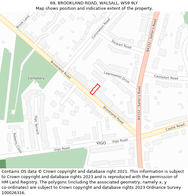 69, BROOKLAND ROAD, WALSALL, WS9 9LY: Location map and indicative extent of plot