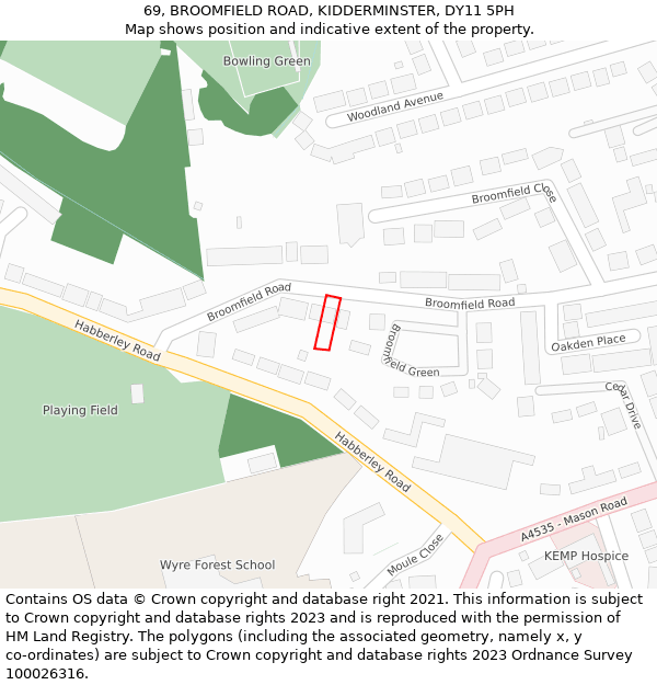 69, BROOMFIELD ROAD, KIDDERMINSTER, DY11 5PH: Location map and indicative extent of plot