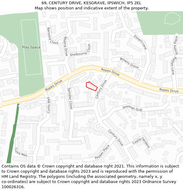 69, CENTURY DRIVE, KESGRAVE, IPSWICH, IP5 2EL: Location map and indicative extent of plot