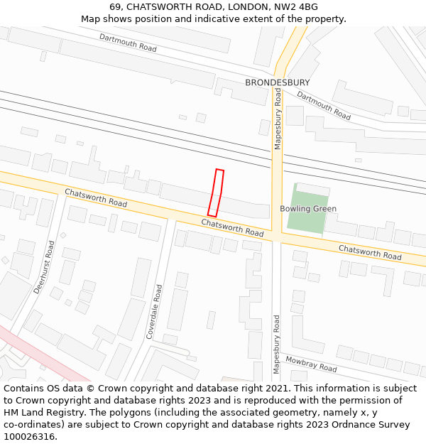 69, CHATSWORTH ROAD, LONDON, NW2 4BG: Location map and indicative extent of plot