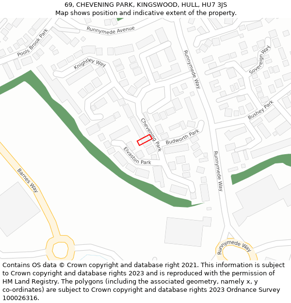 69, CHEVENING PARK, KINGSWOOD, HULL, HU7 3JS: Location map and indicative extent of plot