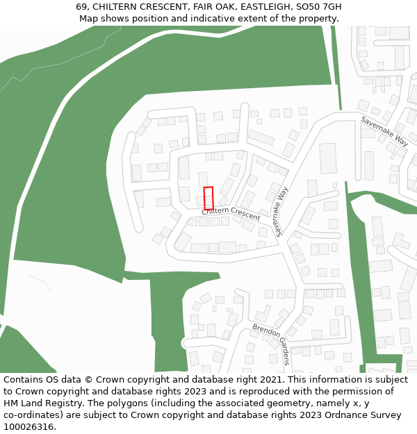 69, CHILTERN CRESCENT, FAIR OAK, EASTLEIGH, SO50 7GH: Location map and indicative extent of plot