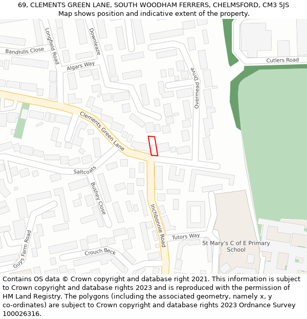 69, CLEMENTS GREEN LANE, SOUTH WOODHAM FERRERS, CHELMSFORD, CM3 5JS: Location map and indicative extent of plot