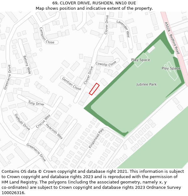 69, CLOVER DRIVE, RUSHDEN, NN10 0UE: Location map and indicative extent of plot