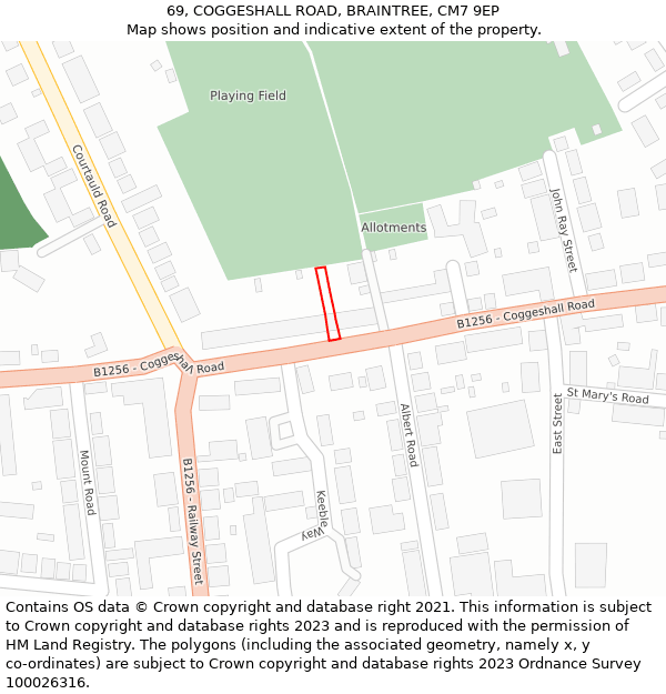 69, COGGESHALL ROAD, BRAINTREE, CM7 9EP: Location map and indicative extent of plot