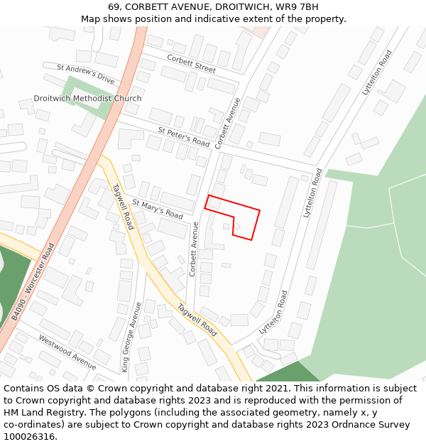 69, CORBETT AVENUE, DROITWICH, WR9 7BH: Location map and indicative extent of plot