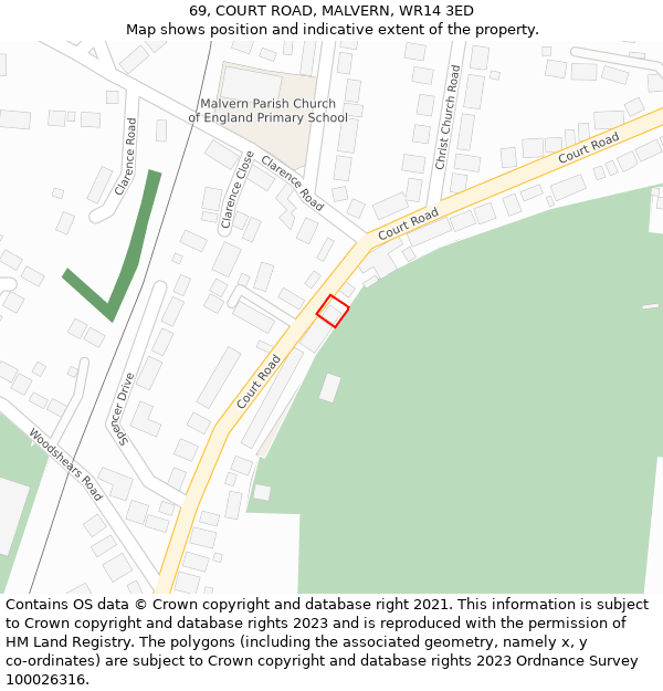69, COURT ROAD, MALVERN, WR14 3ED: Location map and indicative extent of plot