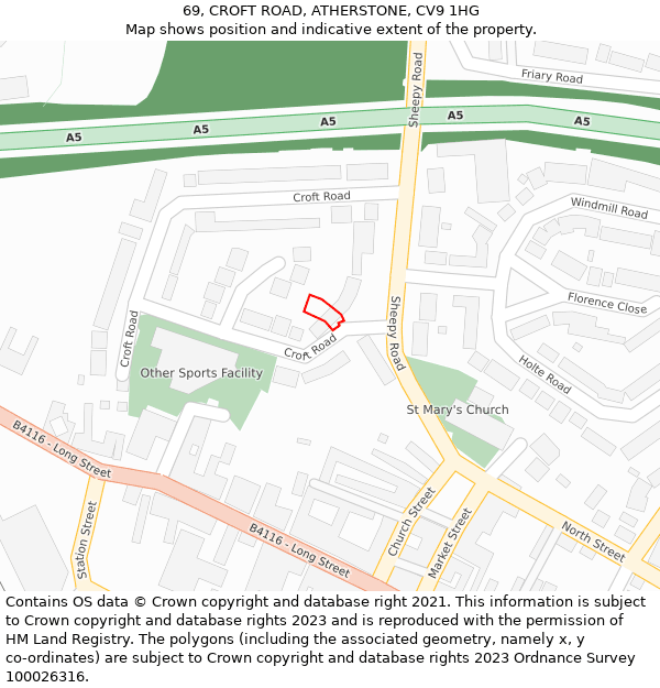 69, CROFT ROAD, ATHERSTONE, CV9 1HG: Location map and indicative extent of plot