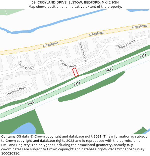 69, CROYLAND DRIVE, ELSTOW, BEDFORD, MK42 9GH: Location map and indicative extent of plot