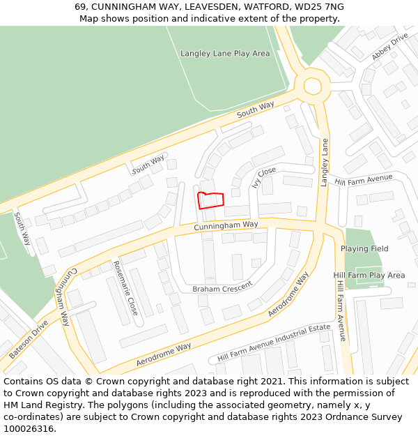 69, CUNNINGHAM WAY, LEAVESDEN, WATFORD, WD25 7NG: Location map and indicative extent of plot