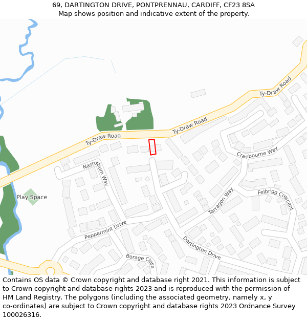 69, DARTINGTON DRIVE, PONTPRENNAU, CARDIFF, CF23 8SA: Location map and indicative extent of plot