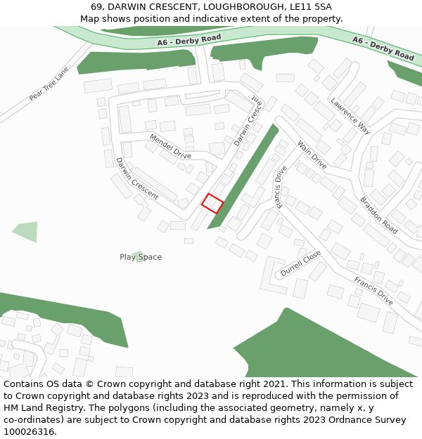 69, DARWIN CRESCENT, LOUGHBOROUGH, LE11 5SA: Location map and indicative extent of plot