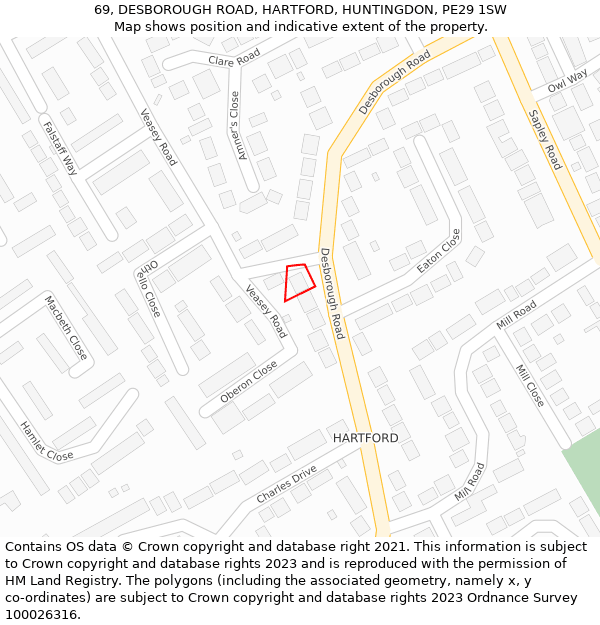 69, DESBOROUGH ROAD, HARTFORD, HUNTINGDON, PE29 1SW: Location map and indicative extent of plot