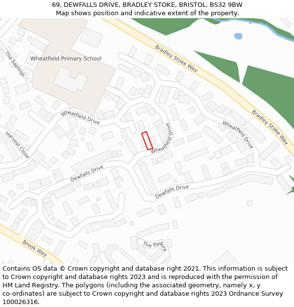 69, DEWFALLS DRIVE, BRADLEY STOKE, BRISTOL, BS32 9BW: Location map and indicative extent of plot
