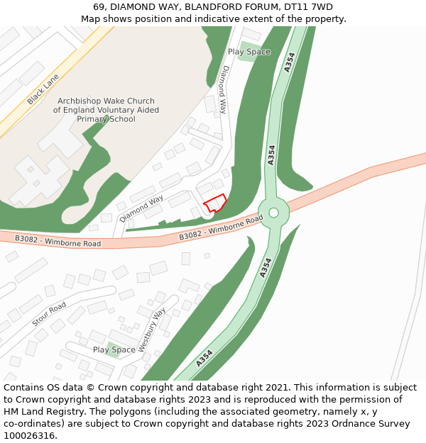 69, DIAMOND WAY, BLANDFORD FORUM, DT11 7WD: Location map and indicative extent of plot