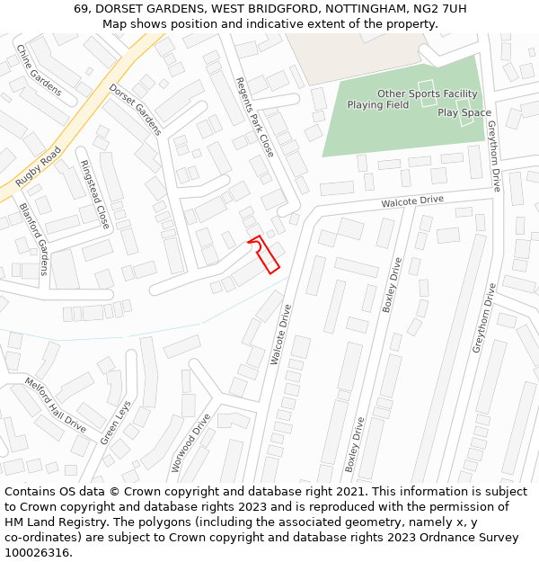 69, DORSET GARDENS, WEST BRIDGFORD, NOTTINGHAM, NG2 7UH: Location map and indicative extent of plot