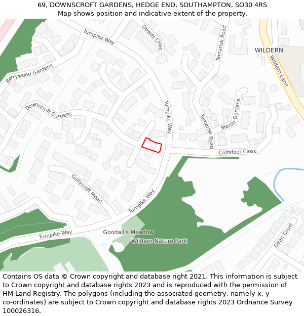 69, DOWNSCROFT GARDENS, HEDGE END, SOUTHAMPTON, SO30 4RS: Location map and indicative extent of plot