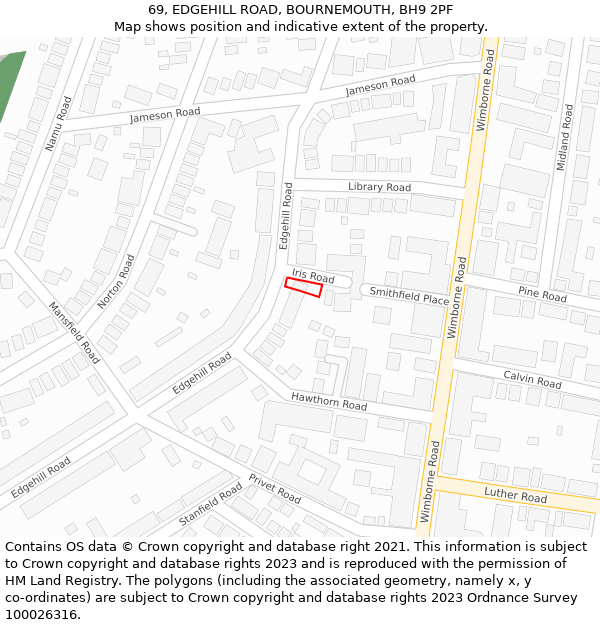 69, EDGEHILL ROAD, BOURNEMOUTH, BH9 2PF: Location map and indicative extent of plot