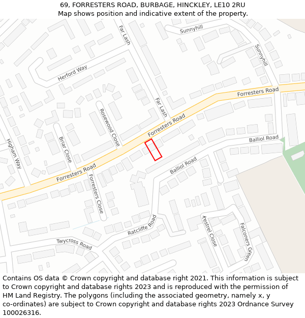 69, FORRESTERS ROAD, BURBAGE, HINCKLEY, LE10 2RU: Location map and indicative extent of plot