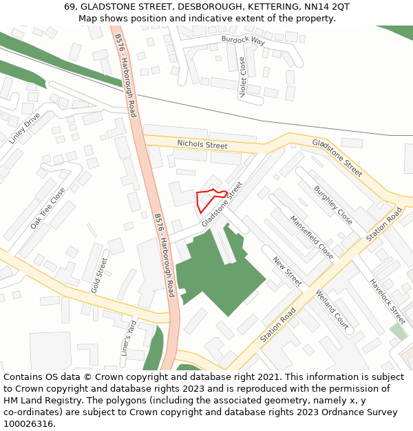 69, GLADSTONE STREET, DESBOROUGH, KETTERING, NN14 2QT: Location map and indicative extent of plot