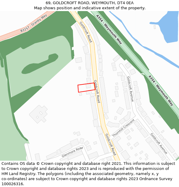 69, GOLDCROFT ROAD, WEYMOUTH, DT4 0EA: Location map and indicative extent of plot