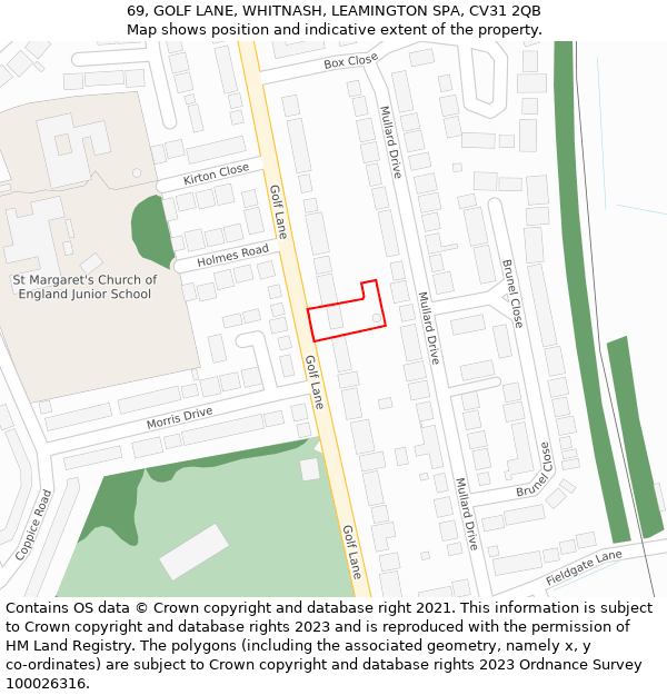 69, GOLF LANE, WHITNASH, LEAMINGTON SPA, CV31 2QB: Location map and indicative extent of plot