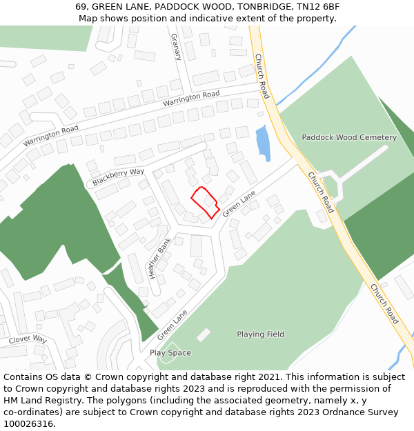 69, GREEN LANE, PADDOCK WOOD, TONBRIDGE, TN12 6BF: Location map and indicative extent of plot