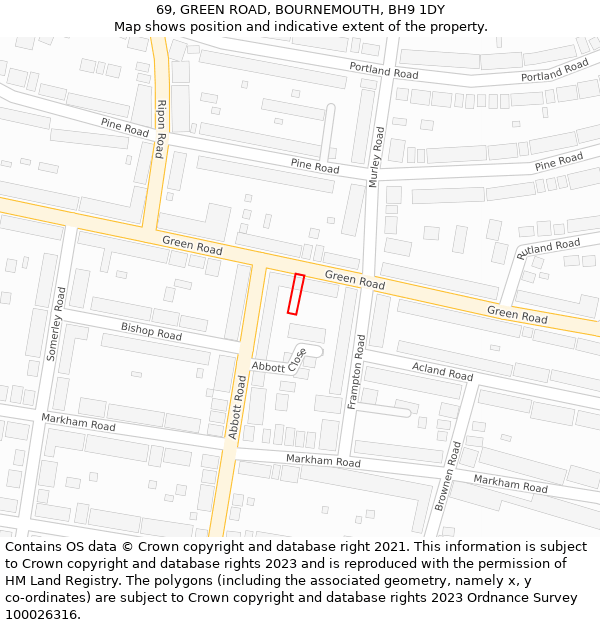 69, GREEN ROAD, BOURNEMOUTH, BH9 1DY: Location map and indicative extent of plot