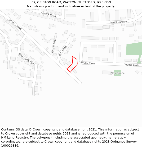 69, GRISTON ROAD, WATTON, THETFORD, IP25 6DN: Location map and indicative extent of plot