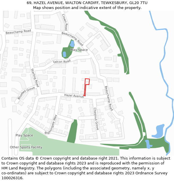 69, HAZEL AVENUE, WALTON CARDIFF, TEWKESBURY, GL20 7TU: Location map and indicative extent of plot