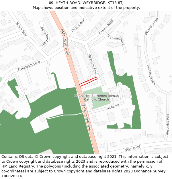 69, HEATH ROAD, WEYBRIDGE, KT13 8TJ: Location map and indicative extent of plot
