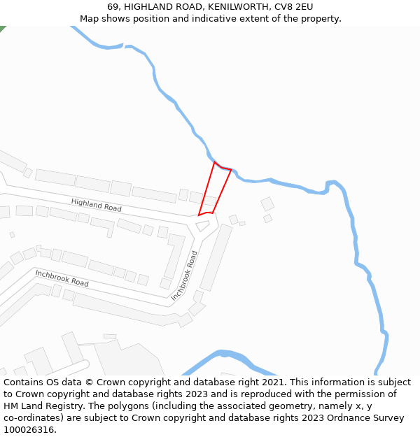 69, HIGHLAND ROAD, KENILWORTH, CV8 2EU: Location map and indicative extent of plot