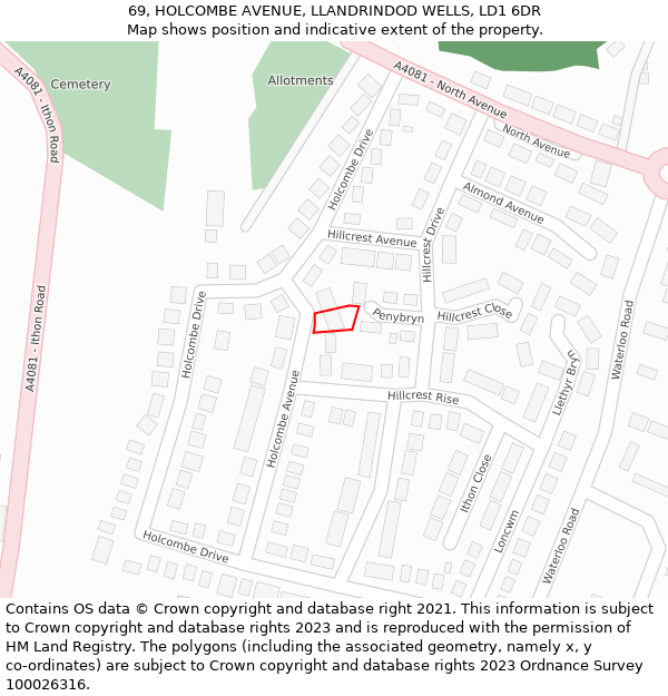 69, HOLCOMBE AVENUE, LLANDRINDOD WELLS, LD1 6DR: Location map and indicative extent of plot