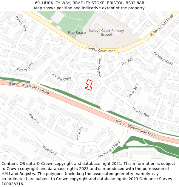 69, HUCKLEY WAY, BRADLEY STOKE, BRISTOL, BS32 8AR: Location map and indicative extent of plot