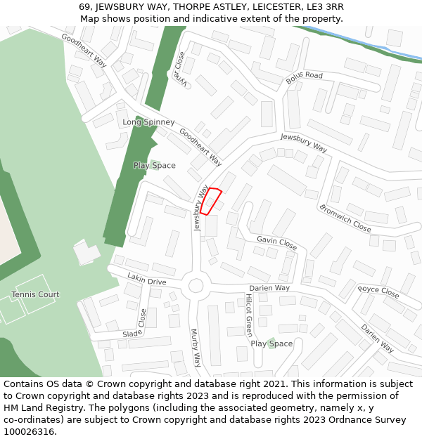 69, JEWSBURY WAY, THORPE ASTLEY, LEICESTER, LE3 3RR: Location map and indicative extent of plot