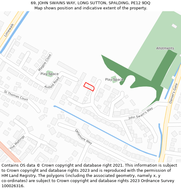69, JOHN SWAINS WAY, LONG SUTTON, SPALDING, PE12 9DQ: Location map and indicative extent of plot