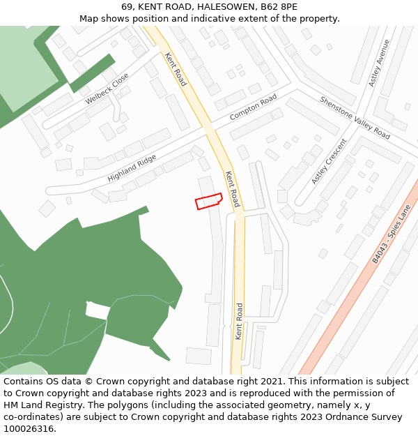 69, KENT ROAD, HALESOWEN, B62 8PE: Location map and indicative extent of plot